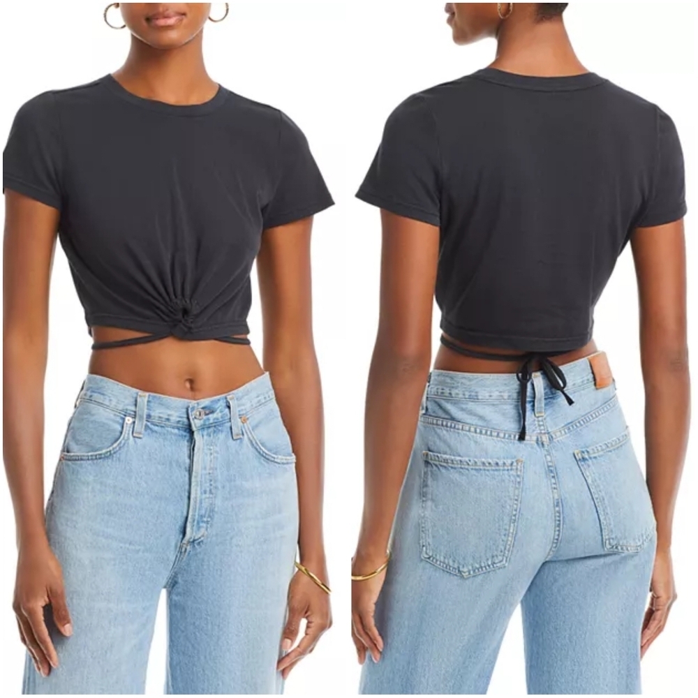 Rails Zena Drawstring Keyhole Cropped Crewneck Tee Black Medium New